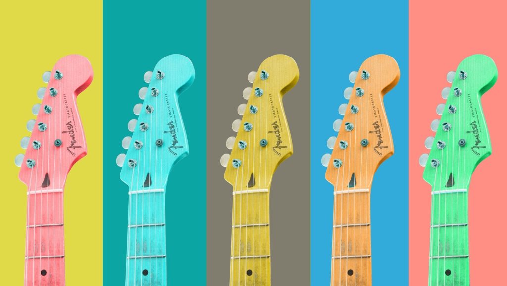 Bunte Gitarren Hälse als Symbol für die Referenzen meiner Projekte auf dieser Seite.